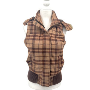 Roxy Plaid Flannel Full Zip Faux Fur Trim Hooded Vest